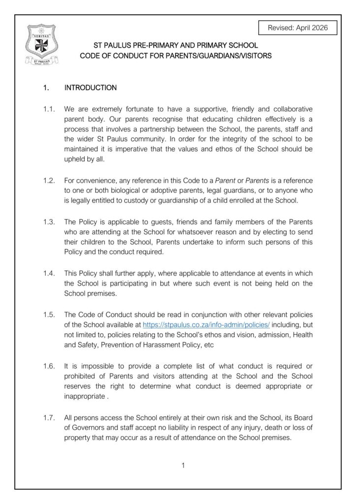 Code of Conduct for Parents, Guardians and Visitors