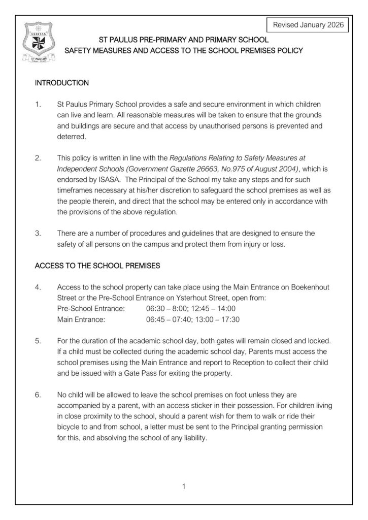 Safety Measures and Access to the School Premises Policy