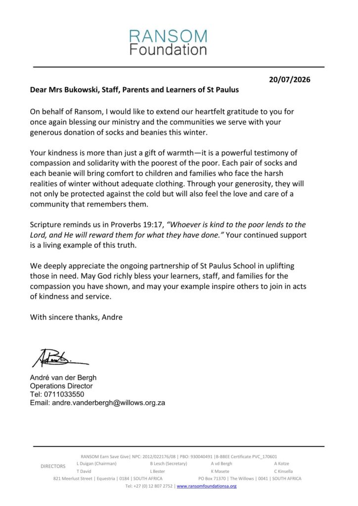 St Paulus Letter of Thanks 2026